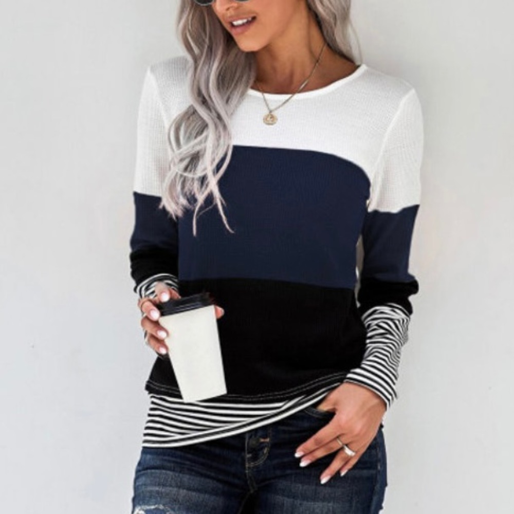 Long sleeve navy color block blouse